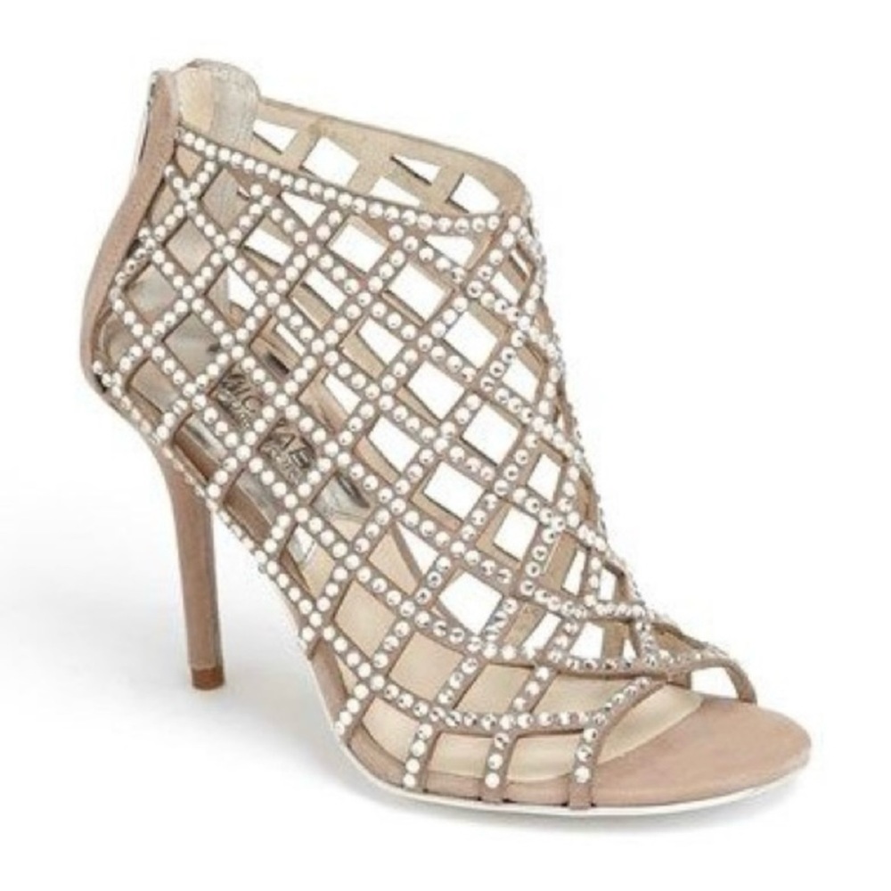 NIB Michael Kors Yvonne Crystal Suede Cage Sandal 5 Heels Beige new box